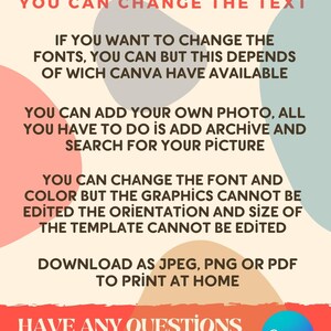 Op de afbeelding: Een afbeelding met een perzikkleurige, lichtblauwe en beige achtergrond. De tekst "WHAT YOU CAN EDIT?" staat in het zwart. De tekst "YOU CAN CHANGE THE TEXT" staat in het zwart. De tekst "IF YOU WANT TO CHANGE THE FONTS, YOU CAN BUT THIS DEPENDS OF WICH CANVA HAVE AVAILABLE" staat in het zwart. De tekst "YOU CAN ADD YOUR OWN PHOTO, ALL YOU HAVE TO DO IS ADD ARCHIVE AND SEARCH FOR YOUR PICTURE" staat in het zwart. De tekst "YOU CAN CHANGE THE FONT AND COLOR BUT THE GRAPHICS CANNOT BE EDITED THE ORIENTATION AND SIZE OF THE TEMPLATE CANNOT BE EDITED" staat in het zwart. De tekst "DOWNLOAD AS JPEG, PNG OR PDF TO PRINT AT HOME" staat in het zwart. De tekst "HAVE ANY QUESTIONS JUST LET ME KNOW" staat in het zwart. De tekst "Canva" staat in wit op een blauwe cirkel. De tekst "For more information about invitations, visit Etsy-SummerdigitalStudio." staat in het zwart.