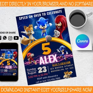 Peut inclure: Une invitation d'anniversaire bleue et jaune avec des personnages du film Sonic le h&eacute;risson. L'invitation est pour le 5&egrave;me anniversaire d'Alex, le dimanche 23 ao&ucirc;t de 15h00 &agrave; 18h30. L'invitation comprend le lieu de la f&ecirc;te, les informations RSVP et un num&eacute;ro de t&eacute;l&eacute;phone pour contacter Alexandra.