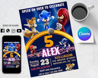 Sonic the Hedgehog uitnodiging - kinderuitnodiging - digitale feestuitnodiging - moderne verjaardagssjabloon afdrukbaar - bewerkbaar in Canva