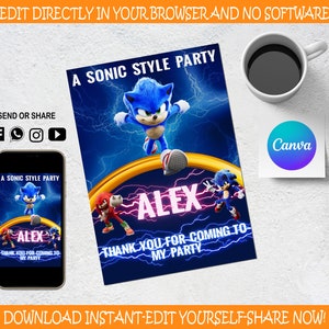 Tarjeta de agradecimiento de Sonic the Hedgehog - Invitación para niños - Invitación a fiesta digital - Plantilla de cumpleaños moderna imprimible - Editable en Canva