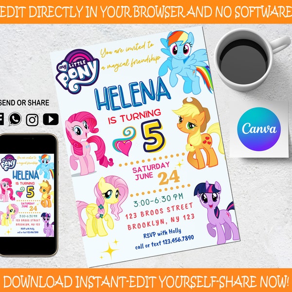 My Little Pony Birthday Invitation - Kids invitation - Digital Party Invite - Modern Birthday Template Printable - Editable in Canva