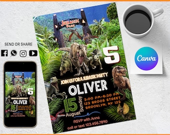 World Dinosaur Park verjaardagsuitnodiging - kinderuitnodiging - digitale feestuitnodiging - moderne verjaardagssjabloon afdrukbaar - bewerkbaar in Canva