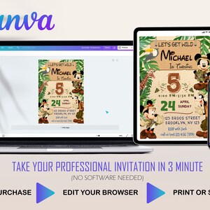 May include: A birthday invitation design featuring Mickey Mouse and Goofy in safari attire. The invitation, displayed on a laptop, tablet, and phone, includes the text "Let's Get Wild" and details for Michael's 5th birthday.