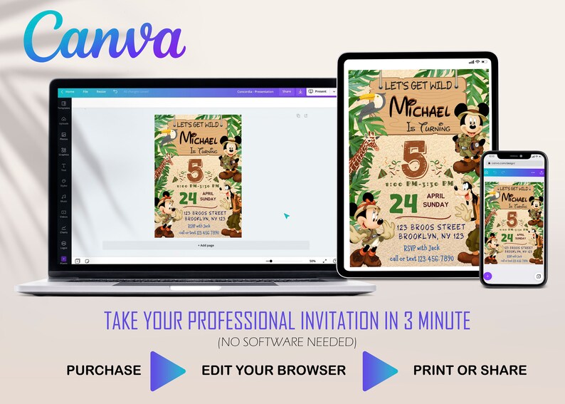 May include: A birthday invitation design featuring Mickey Mouse and Goofy in safari attire. The invitation, displayed on a laptop, tablet, and phone, includes the text "Let's Get Wild" and details for Michael's 5th birthday.