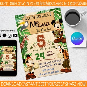 Mickey Safari Invitation - Kids invitation - Digital Party Invite - Modern Birthday Template Printable - Editable in Canva