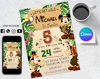 Mickey Safari uitnodiging - kinderuitnodiging - digitale feestuitnodiging - moderne verjaardagssjabloon afdrukbaar - bewerkbaar in Canva