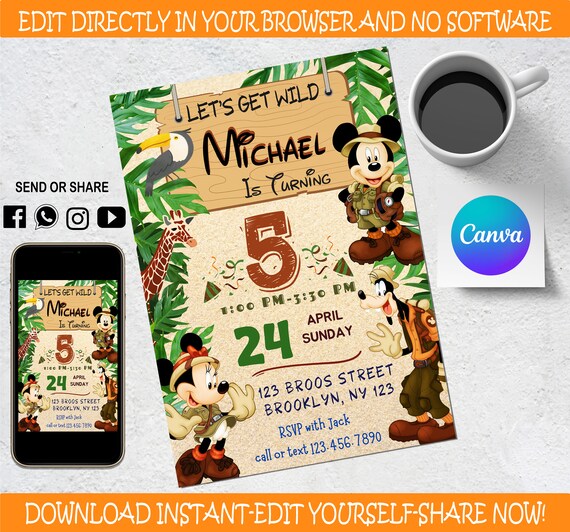 Mickey Safari Invitation - Kids invitation - Digital Party Invite - Modern Birthday Template Printable - Editable in Canva