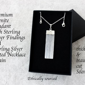 Selenite Pendant Necklace, Selenite pendant, Sterling Silver, Selenite Necklace, Rectangular, White, Cancer Tumour Support, Necklace Chain