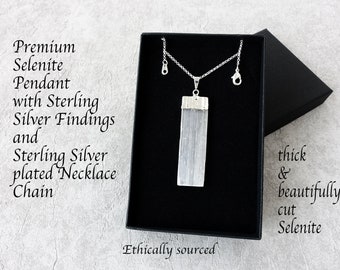 Selenite Pendant Necklace, Selenite pendant, Sterling Silver, Selenite Necklace, Rectangular, White, Cancer Tumour Support, Necklace Chain