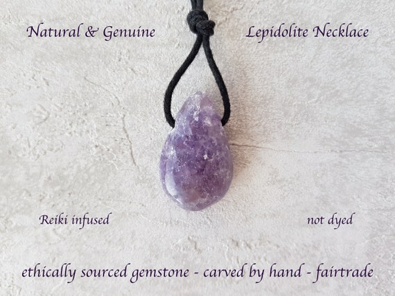 Lepidolite Pendant Necklace, Teardrop Gemstone Pendant, Side Drilled Polished Purple Crystal Necklace, Unisex, Ethically Sourced Gemstone