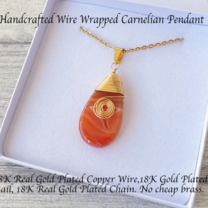 Carnelian Pendant, Carnelian Necklace, Wire Wrapped, 18K, Natural, Undyed, Gold, Necklace Chain, Crystal, Gemstone, Jewellery, Gift, Women