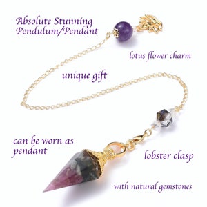Pendulum, Dowsing, Pendant, Cone, Big, Resin, Gemstones Inside, Faceted, Golden, Chakra, Gift, Amethyst, Golden Chain,Lotus Flower Charm