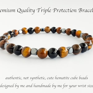 Triple Protection Bracelet, 6mm, 4mm, Premium Quality, Tiger’s Eye Bracelet, Choose Black Obsidian Or Black Tourmaline, Hematite Bracelet