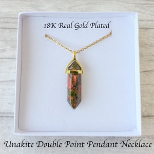 Unakite Pendant Necklace, Unakite Double Terminated Point Pendant, Hexagonal, 18K Gold, Unakite Necklace, Unakite Pendant, Gift, Necklace