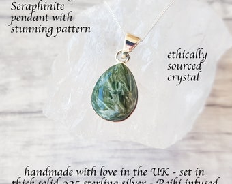 Seraphinite Pendant Necklace, 925 Sterling Silver Teardrop Gemstone Pendant, Green Crystal Necklace, Fine Designer Jewellery, Women, Gift