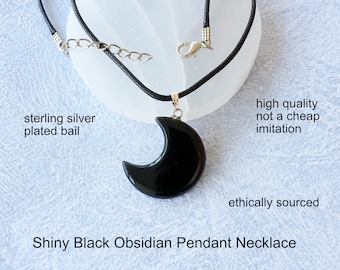 Black Obsidian Crescent Moon Pendant Necklace,  Black Obsidian Pendant, Black Obsidian Necklace, Moon Pendant, Moon Necklace, Children, Gift