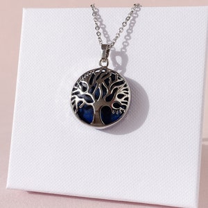 Lapis Lazuli Pendant Necklace, Tree of Life Gemstone Pendant, Lapis Lazuli, Silver, Blue Round Crystal Pendant, Unisex, Necklace Chains