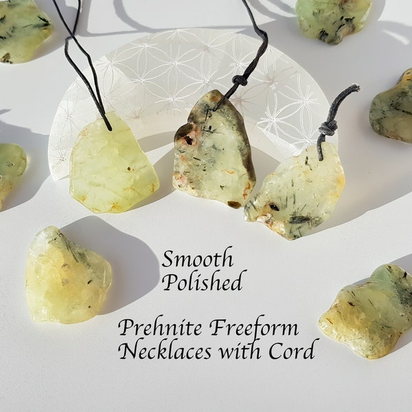 Prehnite Pendant Necklace, Prehnite Freeform Pendant with Drilled Hole and Black Waxed Cotton Cord, Rough, Polished, Flat, Polished Green