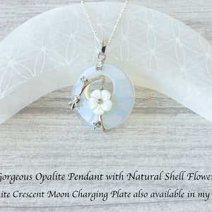 Opalite Pendant Necklace with Natural Shell Flower and Rhinestones, Opalite Donut Pendant, Opalite Doughnut Pendant, Gift, Gemstone Pendant