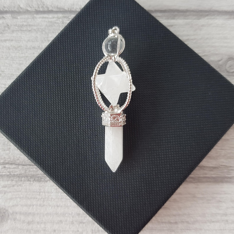 Clear Quartz Point Merkaba Star Pendant Necklace With Clear Quartz Ball