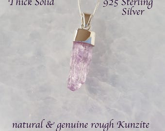Collar con colgante de kunzita, en bruto, con tapa, piedra preciosa de primera calidad, rosa, morado y lila, cristal, plata de ley 925, hallazgo excepcional.