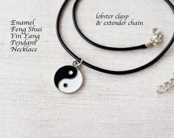 Feng Shui Yin Yang Pendant Necklace With Waxed Cord With Extender Chain, Enamel, Platinum Plated, Gift, Unisex, Children