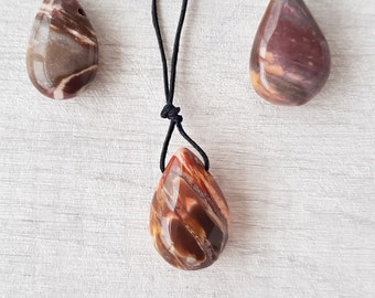Petrified Wood Pendant Necklace, Side Drilled Tumble Stone Gemstone Necklace, Brown Teardrop Crystal Pendant, Polished, Cord, Unisex, Gift
