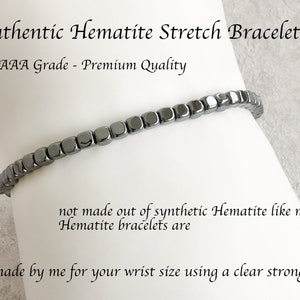 May include: A dark grey hematite stretch bracelet. The bracelet is made of small, square beads and is described as authentic and premium quality. The image text states it is handmade.