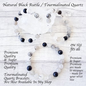 May include: Three Tourmalinated Quartz bracelets with black and white beads are displayed on a white surface. The bracelets are made of natural black rutile and tourmalinated quartz. The text on the image says "one size fits all."
