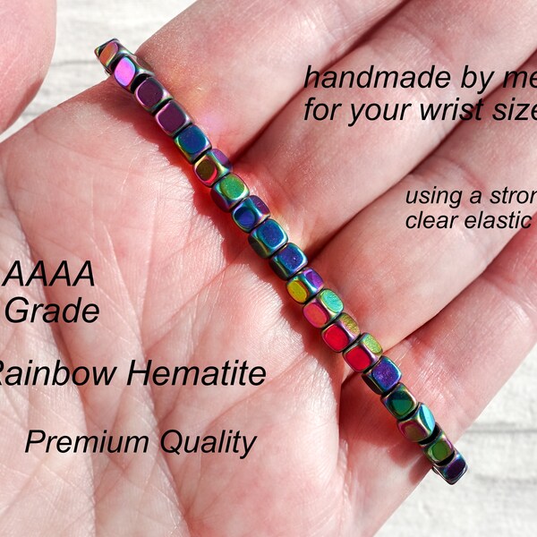 Rainbow Hematite Bracelet, 4mm, AAAA Grade, Premium Quality, Cubes, Dainty, Rainbow Hematite, Colourful, Stretch Bracelet, Beaded Bracelet