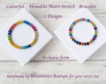 Hematite Heart Bracelet, Two Designs To Choose From, Multicoloured, Colourful Gemstone Stretch Bracelet, Rainbow Coloured Beaded Bracelet