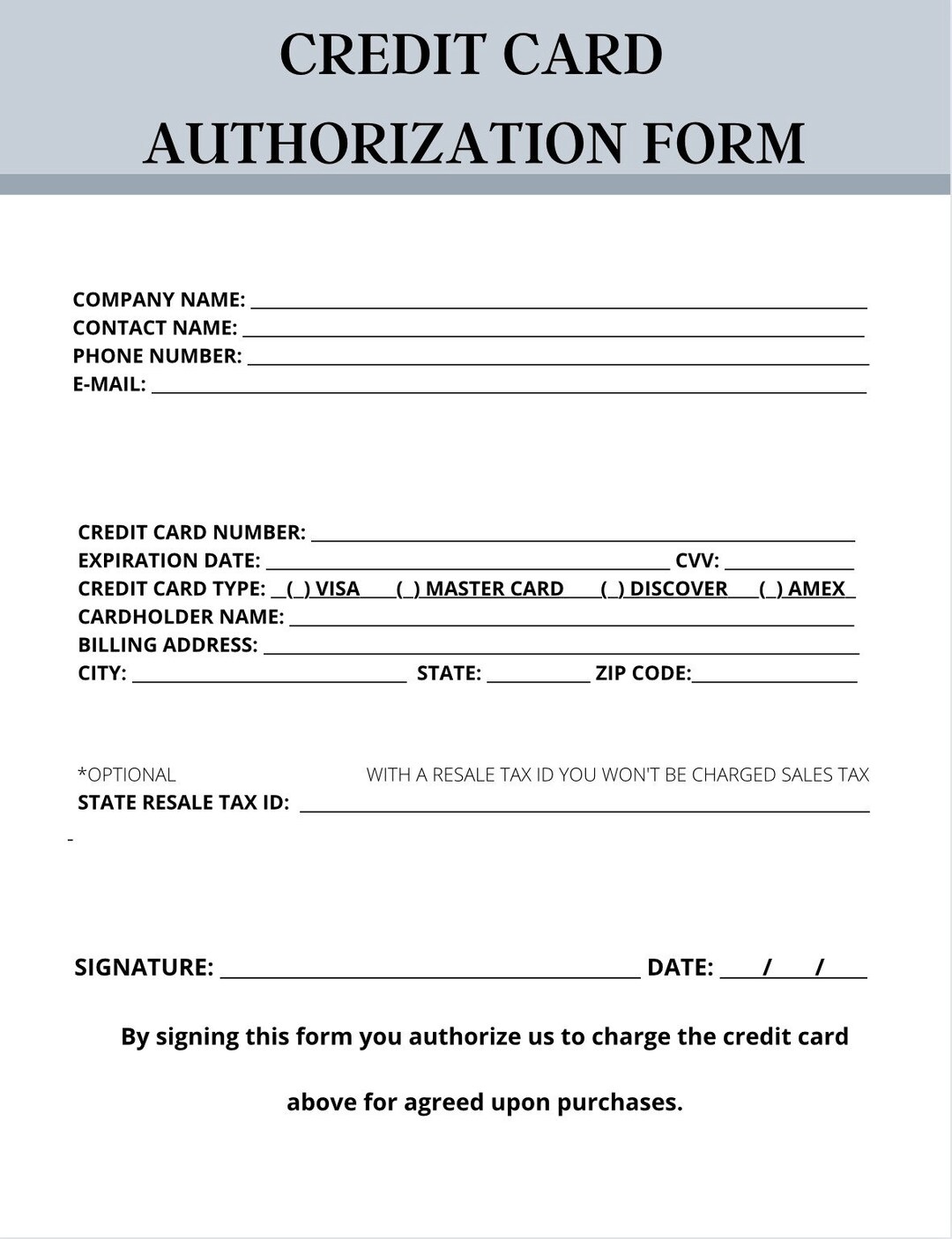 Credit Card Authorization Form Etsy