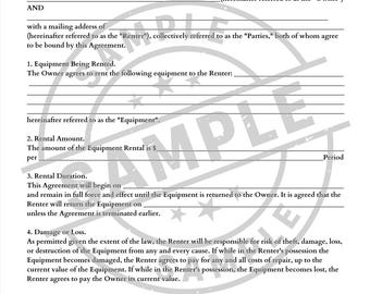 Equipment Rental Agreement Template | Editable PDF Contract | Instant Download