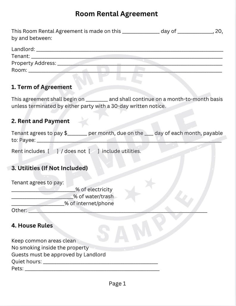 Room Rental Agreement Template Plantilla De Acuerdo De Alquiler De