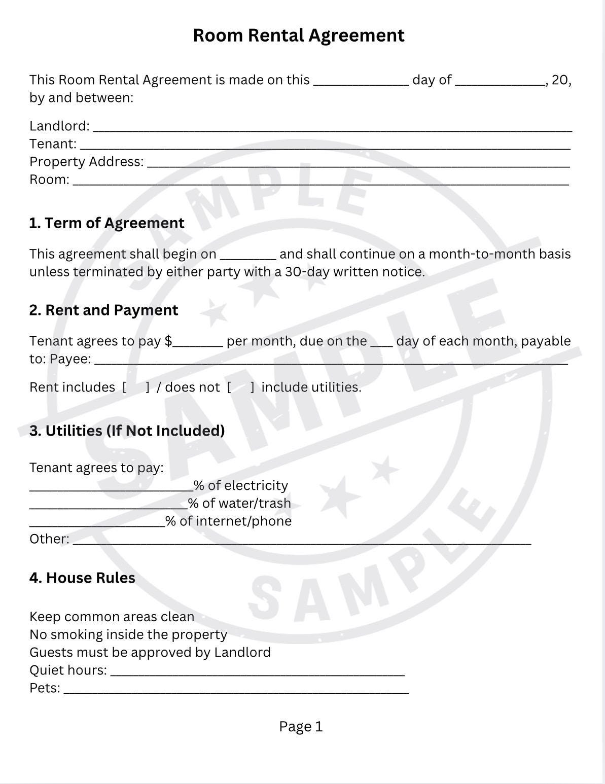 Room Rental Agreement Template Plantilla De Acuerdo De Alquiler De