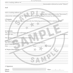 May include: A blank decorating contract form with fields for the client and decorator's names, addresses, and signatures. The contract includes sections for the purpose of the project, schedule, project location, and project description.