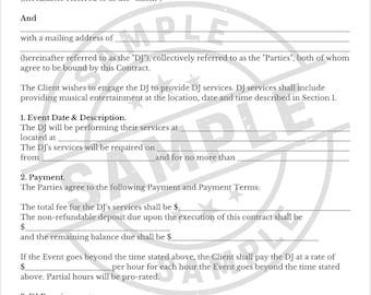 Professional DJ Service Agreement Template: Customizable Contract for Events and Performances,  DJ Service Form, Event Booking Form.