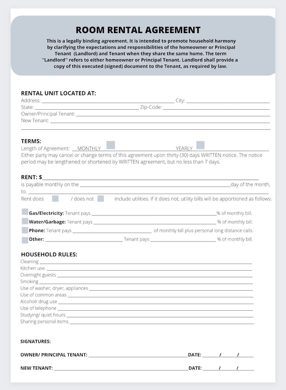 Room Rental Agreement Template canvas Etsy Room Rental Agreement Template canvas Etsy