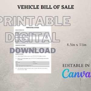 Vehicle Bill of Sale Printable, Editable Template