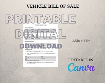 Vehicle Bill of Sale Printable, Editable Template