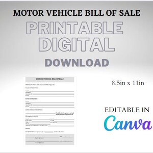 Editable Motor Vehicle Bill of Sale Template | Printable Car Sale Agreement PDF | Instant Download