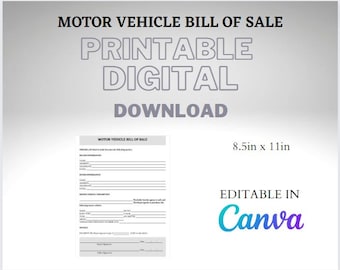 Editable Motor Vehicle Bill of Sale Template | Printable Car Sale Agreement PDF | Instant Download