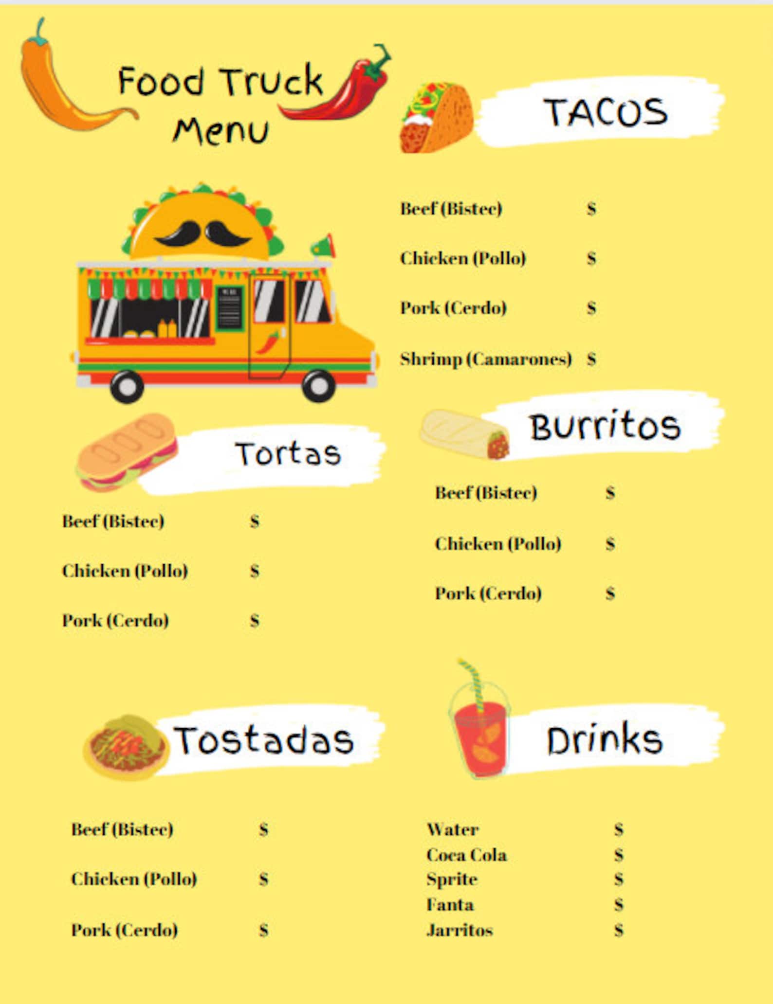 Mexican Food Truck Menu Etsy