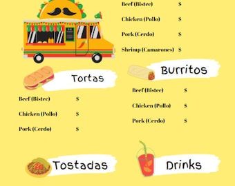 Personalized Mexican Street Food Truck Menu Template: Editable Signage Design for Taco & More
