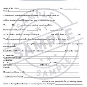 May include: Event Vendor Contract document with fields for event details, vendor information, and terms. Includes sections for event name, cost, and vendor responsibilities. Features a "SAMPLE" watermark.