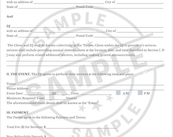 DJ Services Agreement Template | Editable PDF Contract | Instant Download