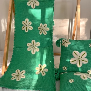 Hand-Embroidered & Handwoven Sheep Wool Throw and 2 Pillow cases / Crochet / Handmade decor / Comfy / Natural Colors / Made in Argentina