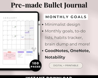 Printable Goal Setting Planner | Premade Bullet Journal Kit | Digital Bujo Workbook | GoodNotes Journal Printable | Instant Download