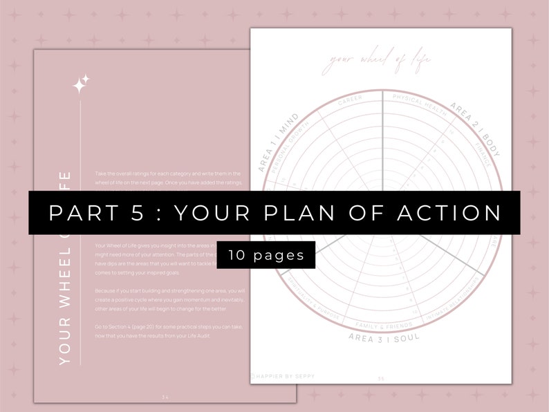 50 page digital journaling workbook for your personal development plan for manifesting your goals. This is also a printable workbook that includes guided journal prompts and questions to audit your life so that you can set 2023 goals by category