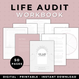 50 page digital journaling workbook for your personal development plan for manifesting your goals. This is also a printable workbook that includes guided journal prompts and questions to audit your life so that you can set 2023 goals by category